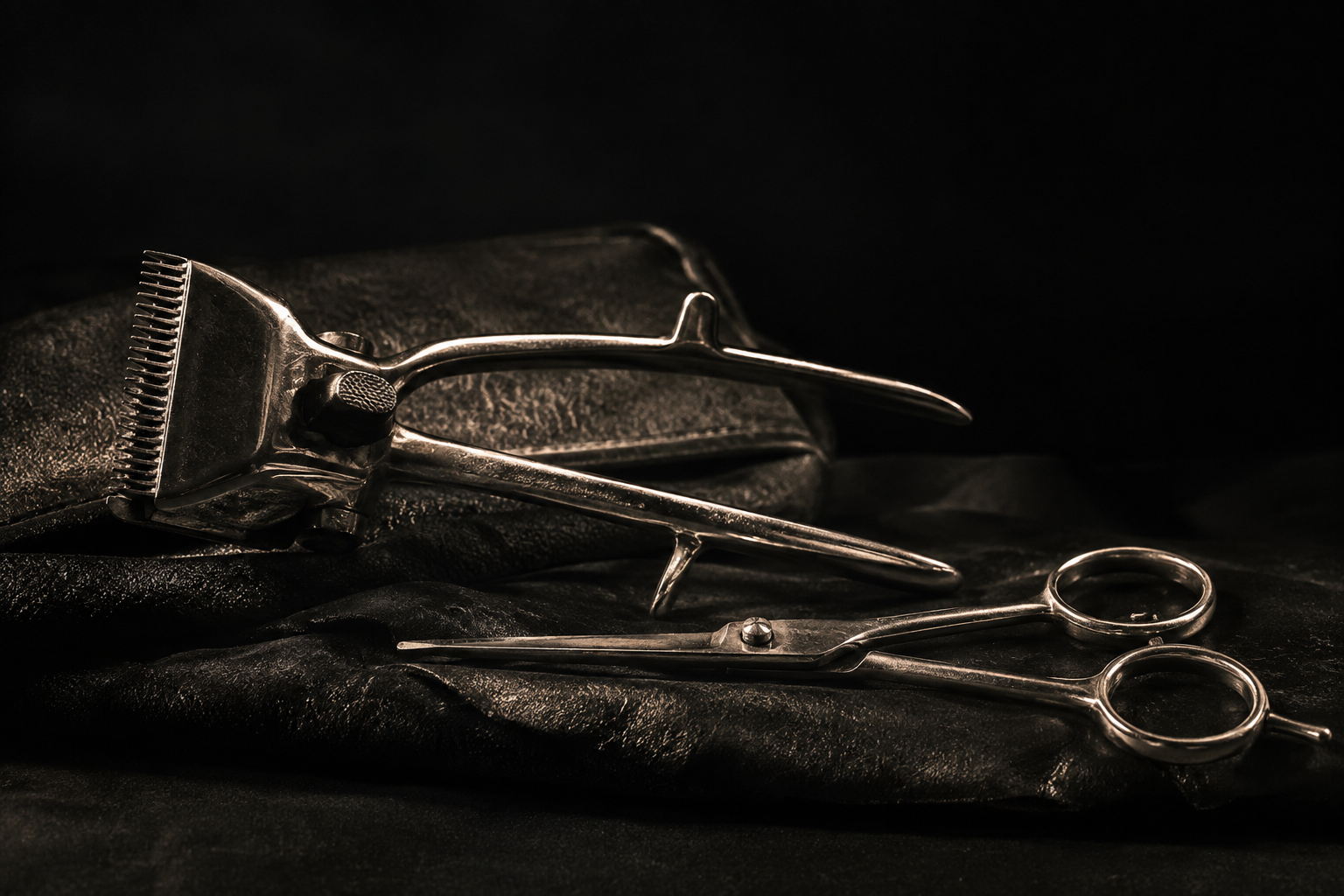 Illustrative photo: vintage barber clippers and shears on dark leather