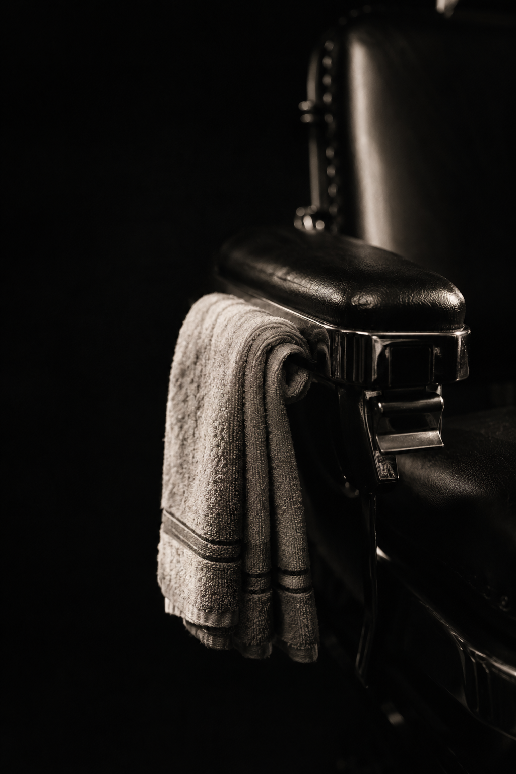 Illustrative photo: barber chair armrest and folded hot towel detail